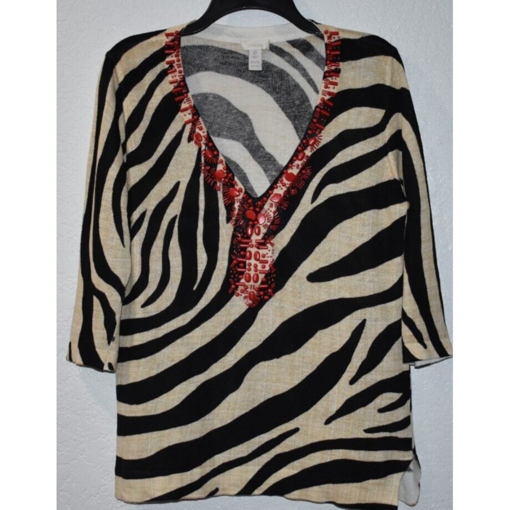 Chicos 0 Small‎ Tunic Linen Blend Sweater 3/4 Slv Beaded Animal V-neck Pullover